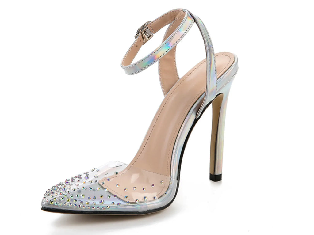 Women's pointed-toe sandals with glossy PVC upper and a thin stiletto heel on a neutral background.