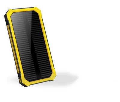 A solar power bank in black, green, orange or yellow, showing solar panel and compact 161x79x17mm size.