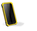 A solar power bank in black, green, orange or yellow, showing solar panel and compact 161x79x17mm size.