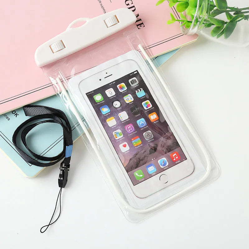 Glow-in-the-dark waterproof phone bag in PVC and ABS, 19x10.5cm, for outdoor rain protection