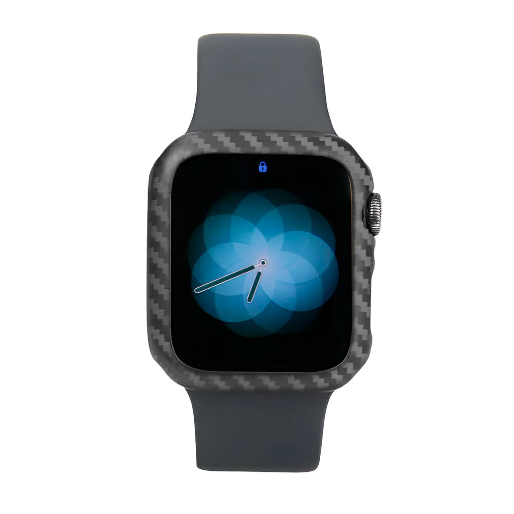 Apple Watch Series 4 half-wrap leather case in carbon fibre with bright black finish