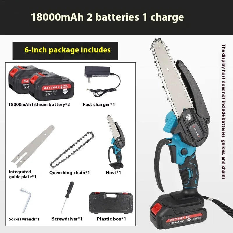 6-inch rechargeable electric chainsaw with dual battery and plastic box, 600W portable cordless saw