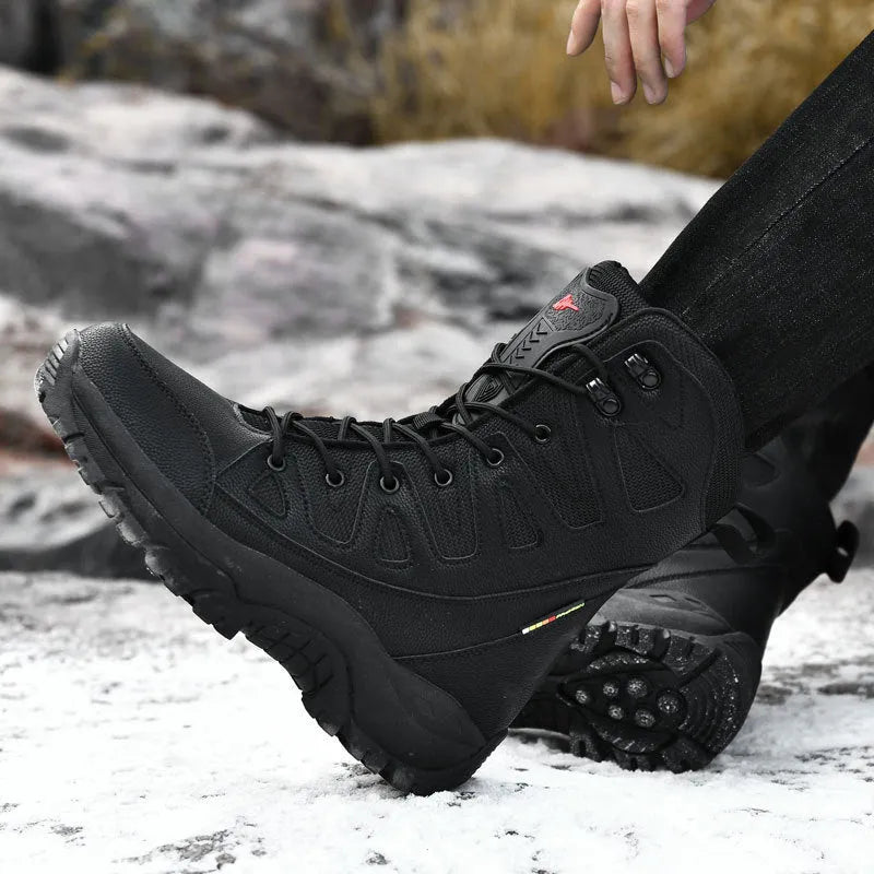 Cowhide leather hi-top hiking shoes in beige, black, and brown colours