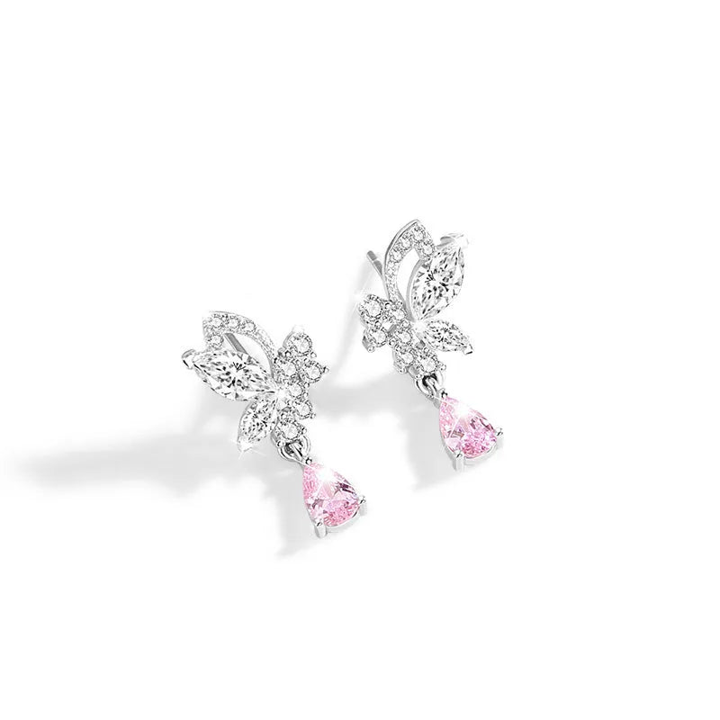 Women's silver butterfly stud earrings with crystal details on 925 sterling silver posts