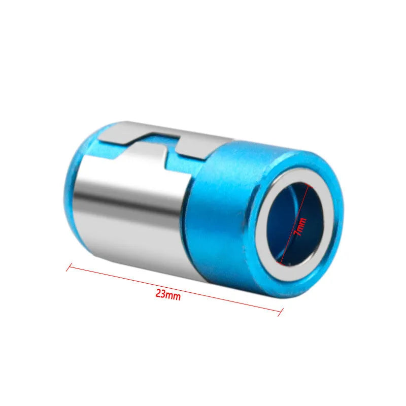 Light blue magnetic screwdriver bit with slotted head and magnetic ring design