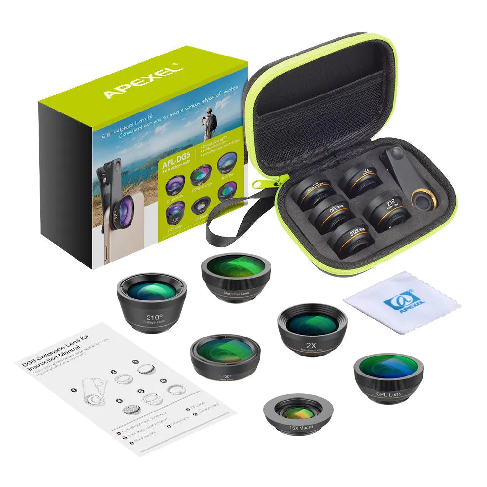 Black 6-in-1 universal smartphone camera lens kit with fisheye, wide-angle, macro, telephoto, CPL, and star filter lenses on a table.