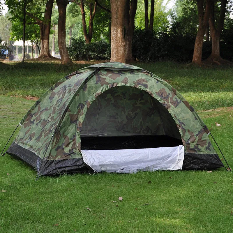 Green camouflage camping tent with steel ground nails and mesh windows for outdoor use