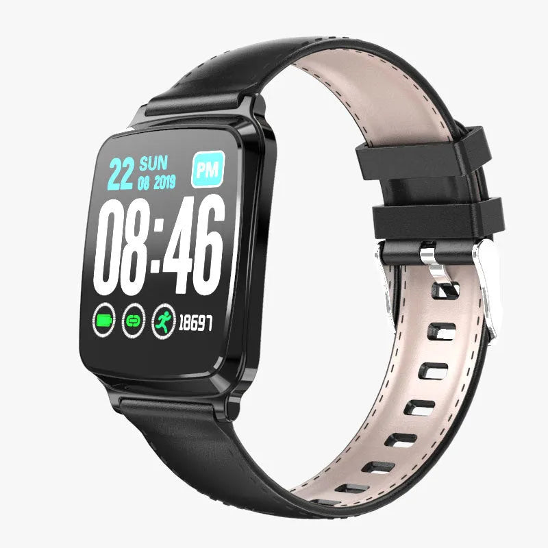 M8 smart fitness bracelet with zinc alloy body and TPU strap on a wrist, displaying heart rate data.