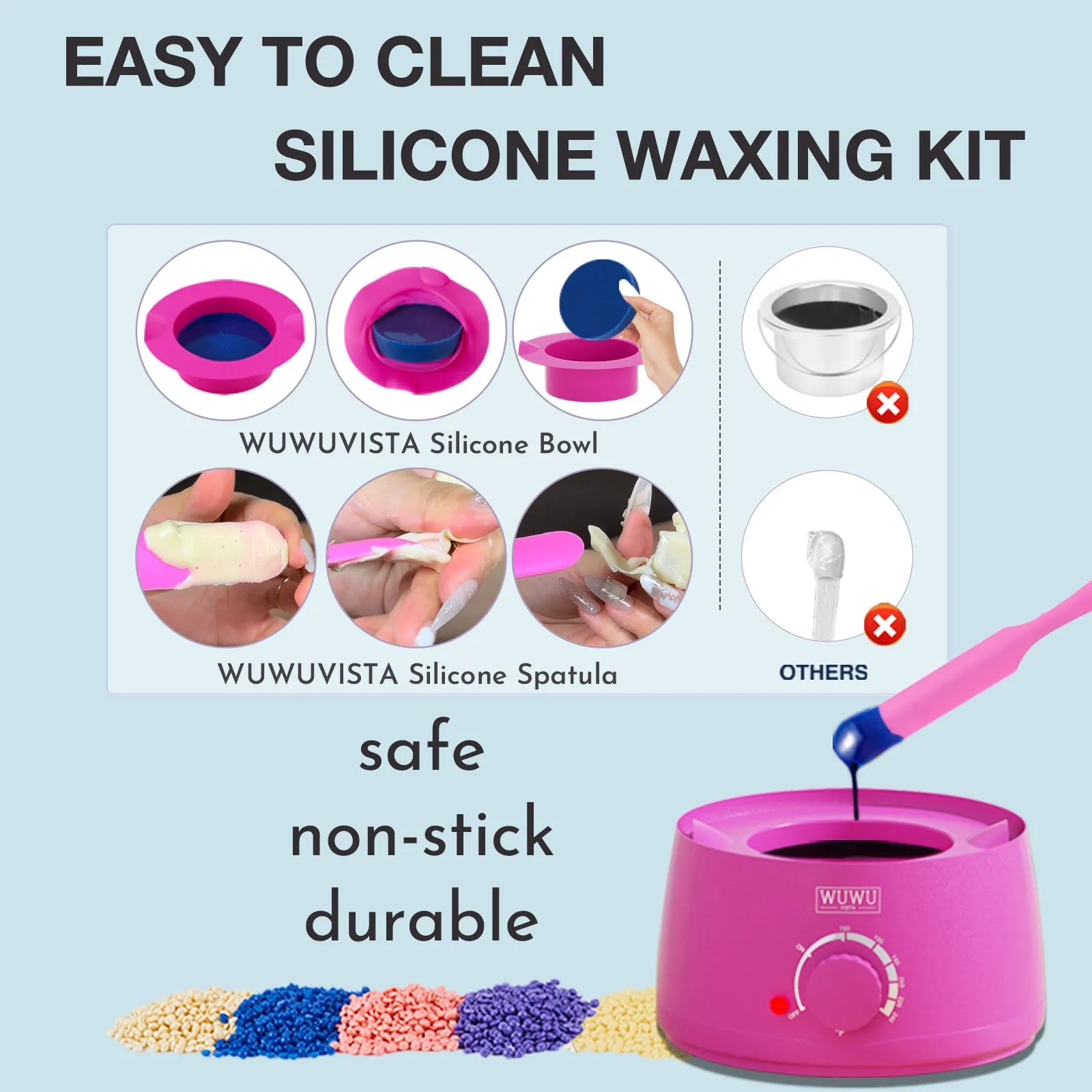 WUWUVISTA 63-piece waxing kit with black wax warmer, wax beads, lotion, and applicator sticks