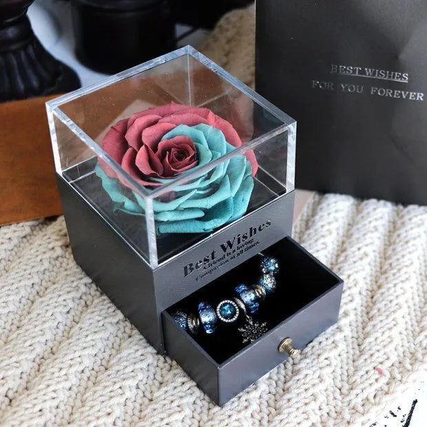 Eternal flower gift box with artificial roses, measuring 8.5cm wide and 10.5cm high