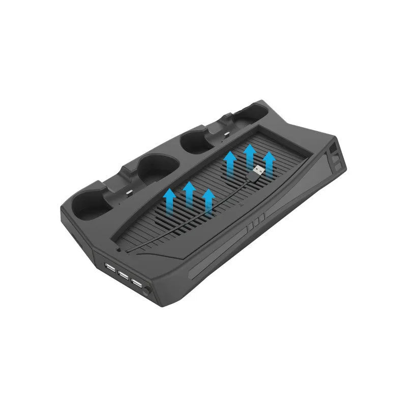 Black PS5 charging cooling fan base with dual controller slots and USB hub for console