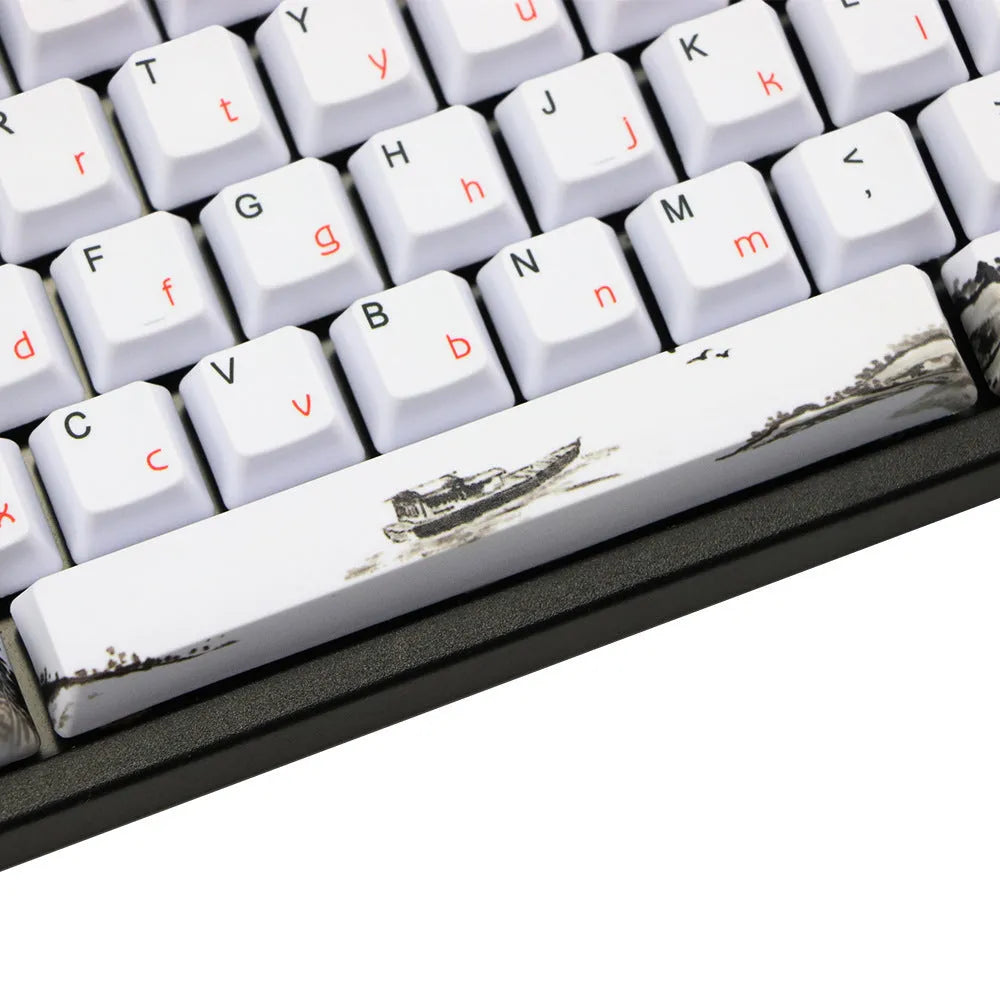 PBT Wangjiang plum blossom themed 109-key keycap set for mechanical keyboards, showing Korean and Japanese legends.
