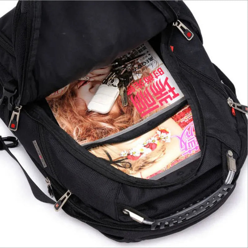 Black business computer backpack showing three compartments and laptop storage