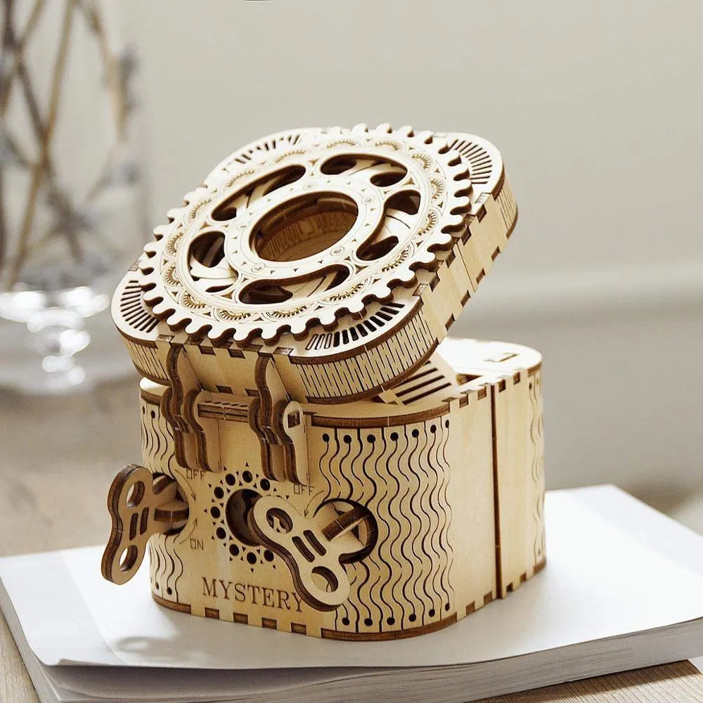 Wooden film projector 3D puzzle with hand crank and fully mechanical gear assembly