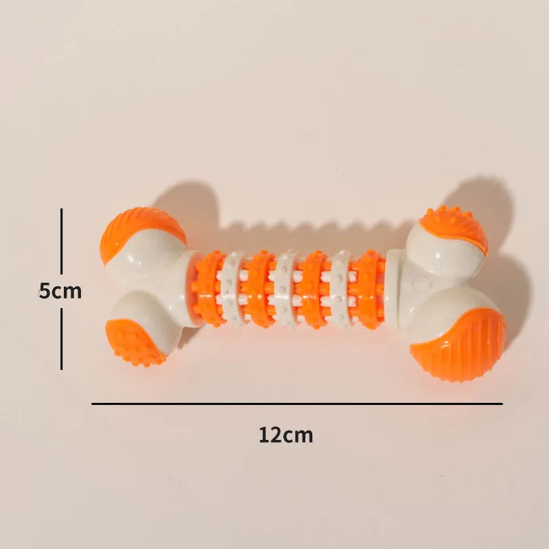 Blue, orange, and red bone-shaped interactive dog chew toy with textured ends and treat compartment.