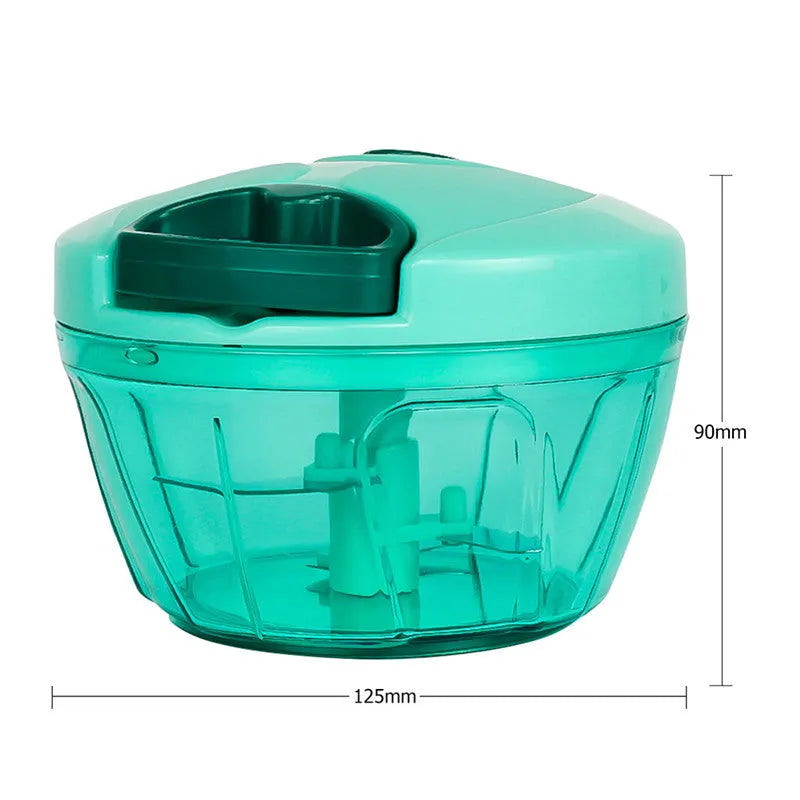 Green manual kitchen chopper grinder with three blades inside a clear bowl.