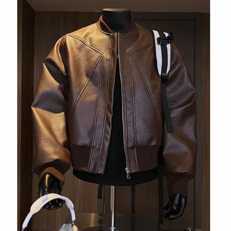Men's black extended length PU leather jacket on a hanger, showing tight fit and 100cm length.