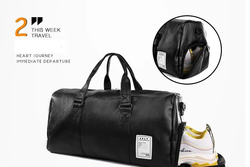 Black waterproof sports duffle bag with a separate side shoe compartment and diagonal shoulder straps.