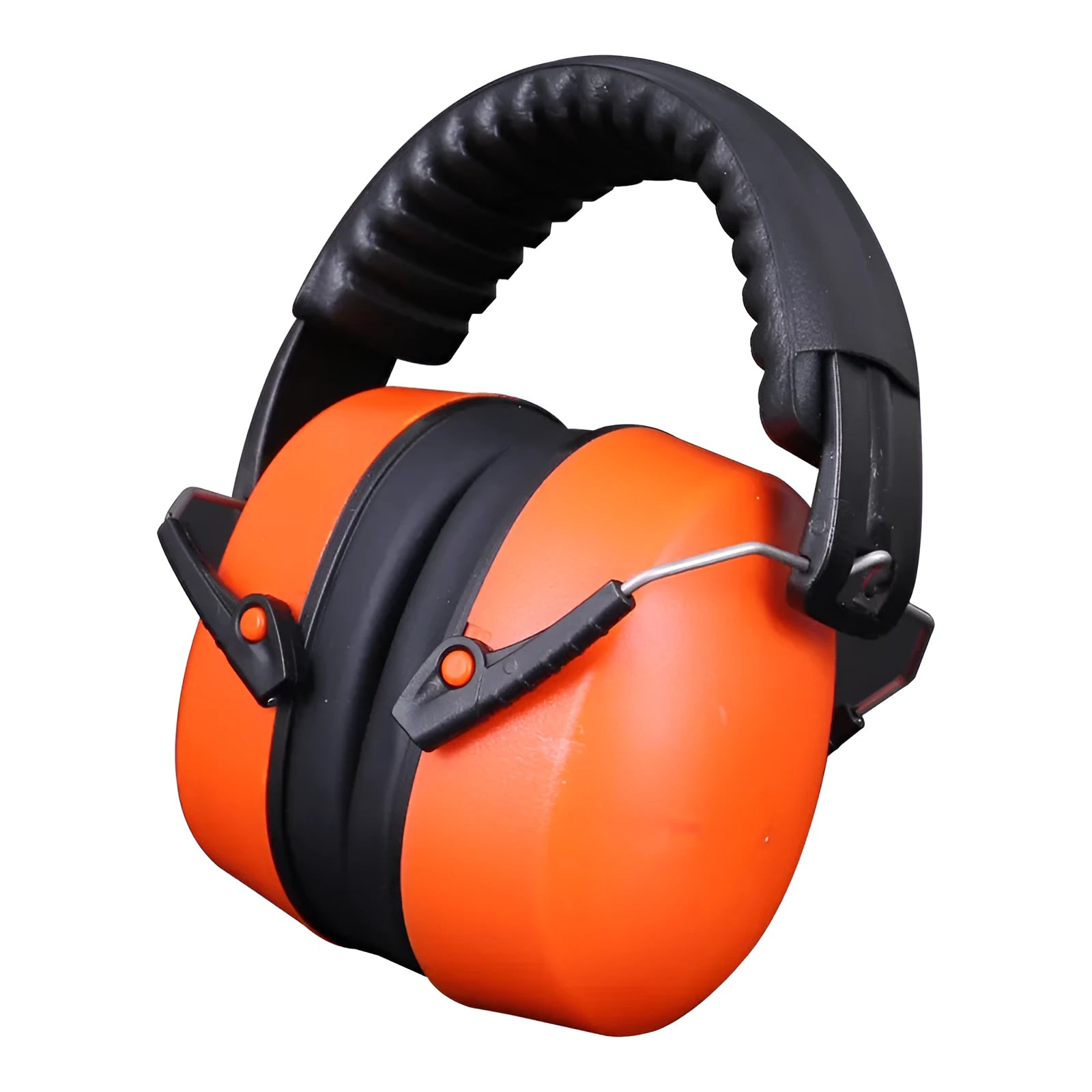 Orange adjustable headband earmuffs with breathable fabric ear cushions for noise reduction.