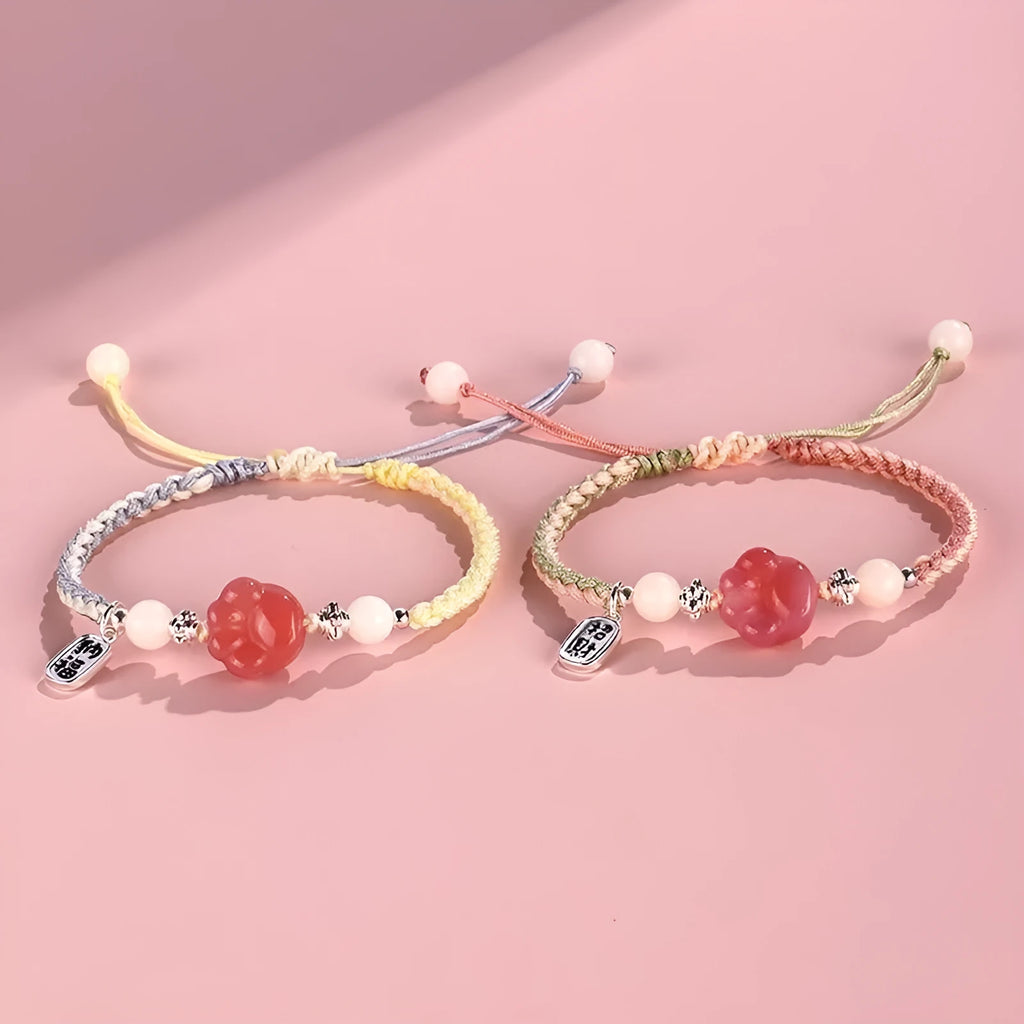 Red cat's paw woven bracelet handmade from glass and coloured glaze in pink or yellow couple style