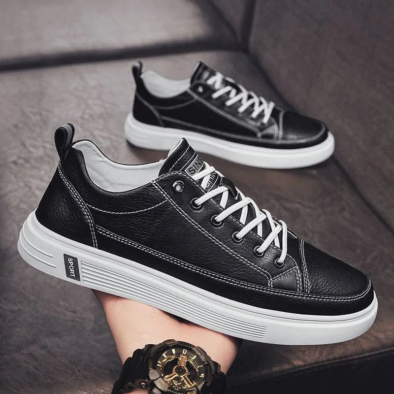 Men's low-heel casual trainers in beige, white, and black colours, showing round toe and Korean style.