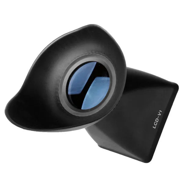 Black camera LCD viewfinder magnifier with magnetic attachment shown on a DSLR camera.