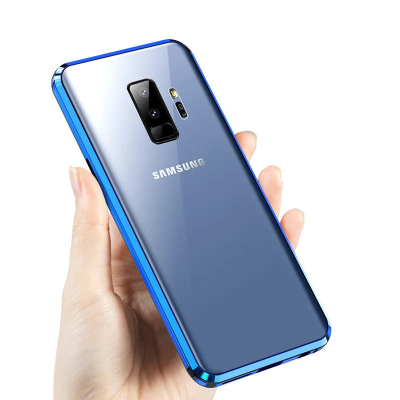 Black clamshell magnetic phone case for Samsung Galaxy with anti-peeping screen, open to show interior.