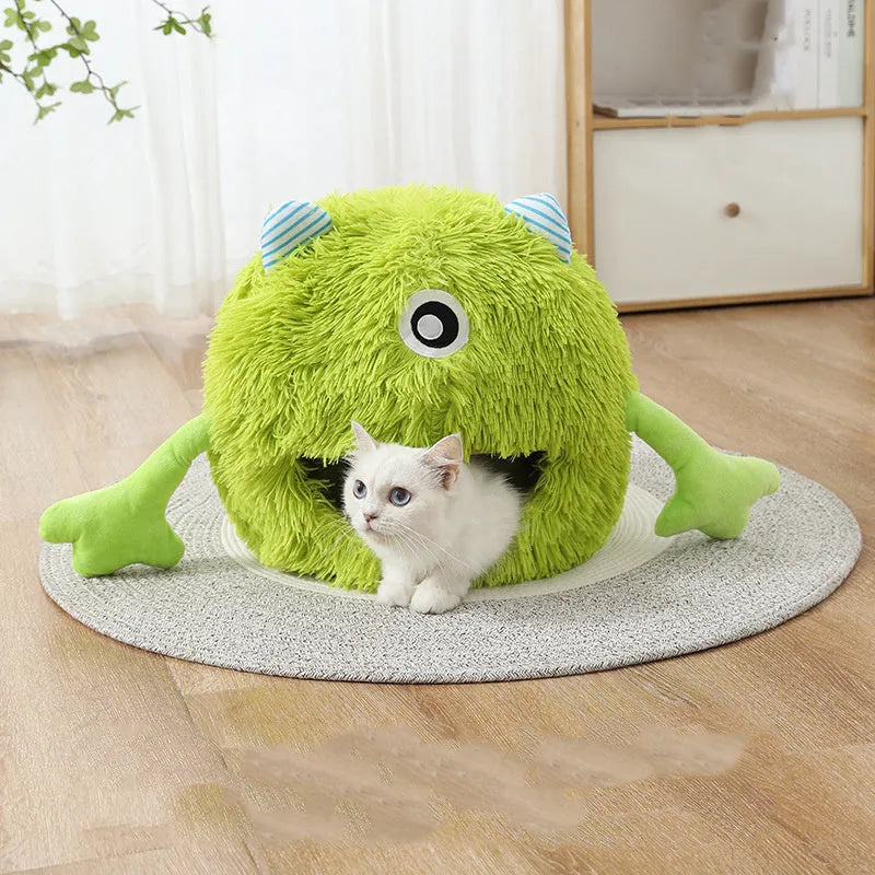 Round fluffy plush cat bed with non-slip base shown in three sizes: small, medium, and large.