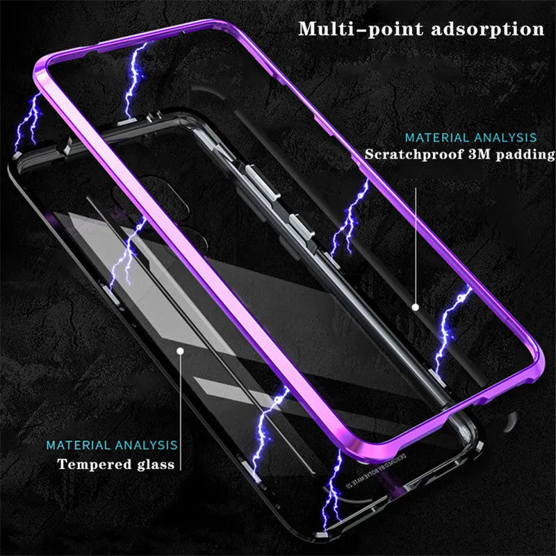 Black magnetic phone case with metal frame and glass back for Huawei smartphones.