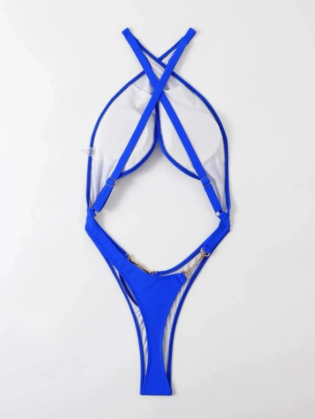 Blue solid colour women's one-piece swimsuit on a mannequin.