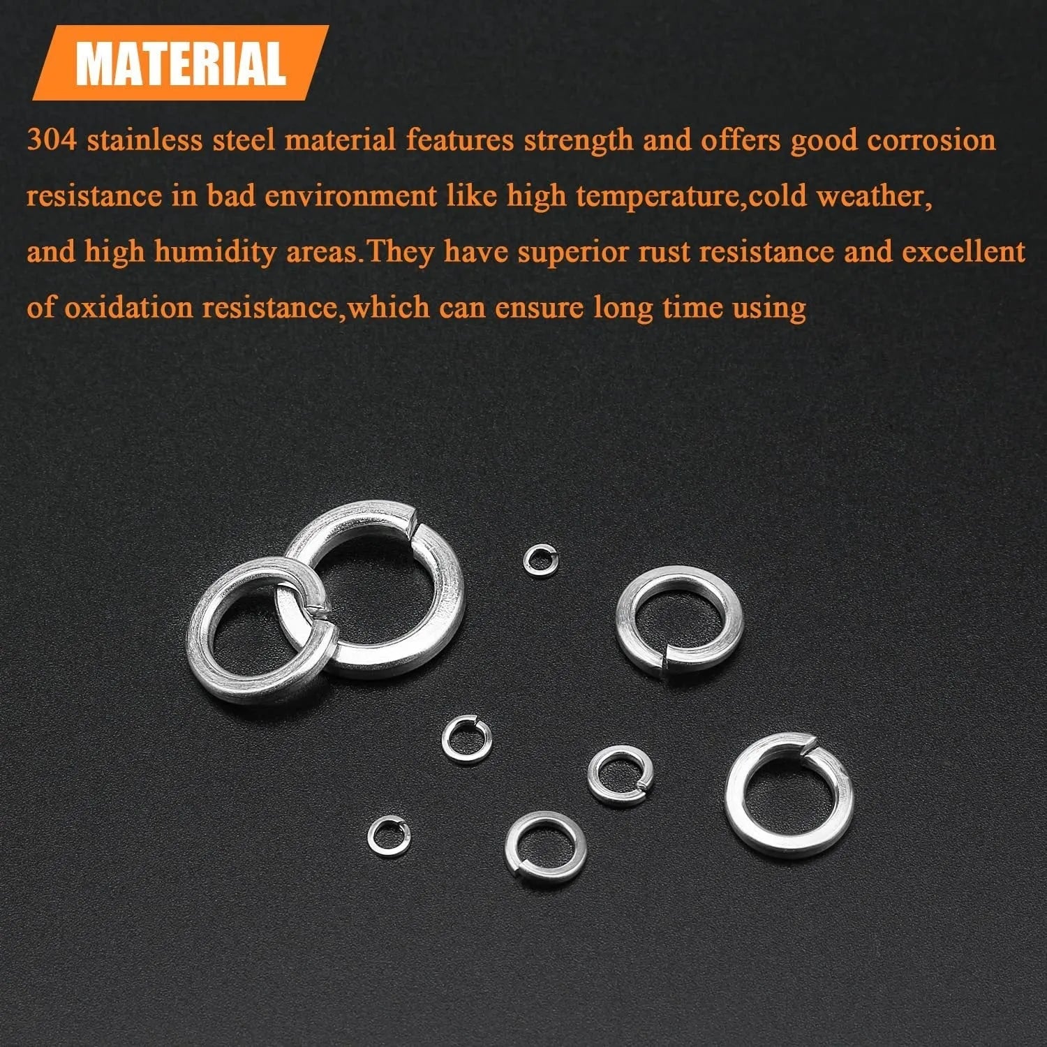 Open box showing assortment of 304 stainless steel spring and flat washers in various sizes.