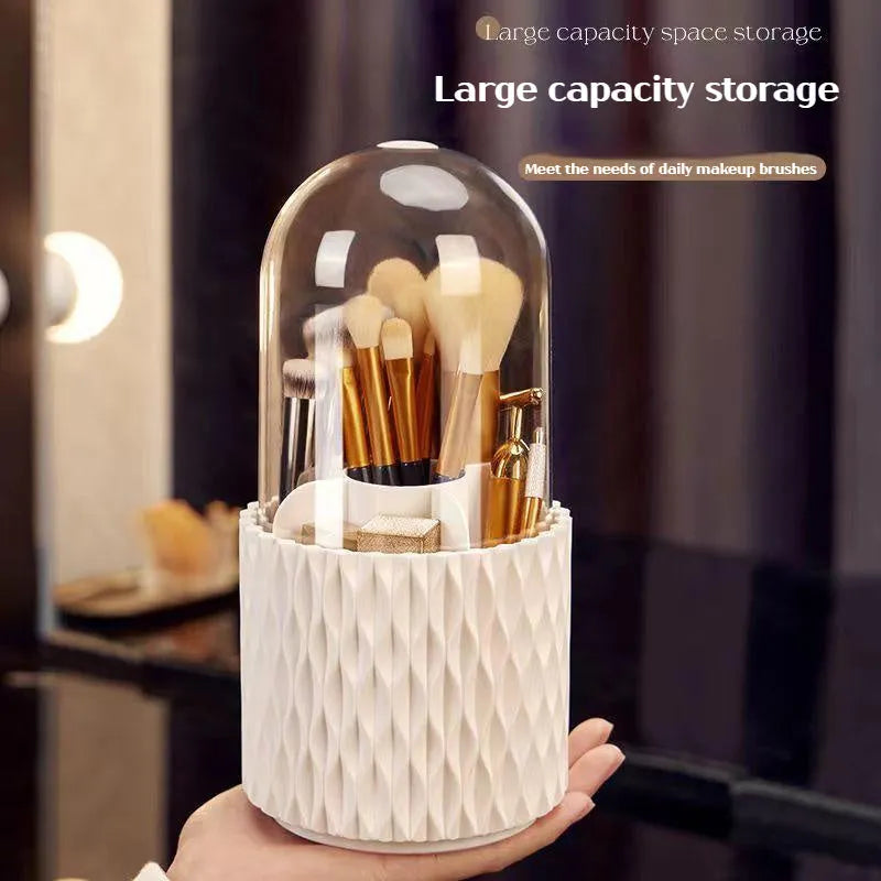White rotating acrylic makeup brush storage box with transparent sides and dustproof lid