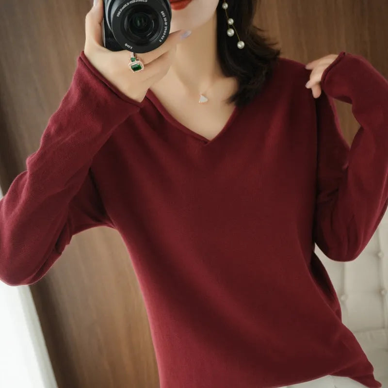 Women's V-neck long sleeve knitwear pullover top in turmeric colour with non-ironing finish