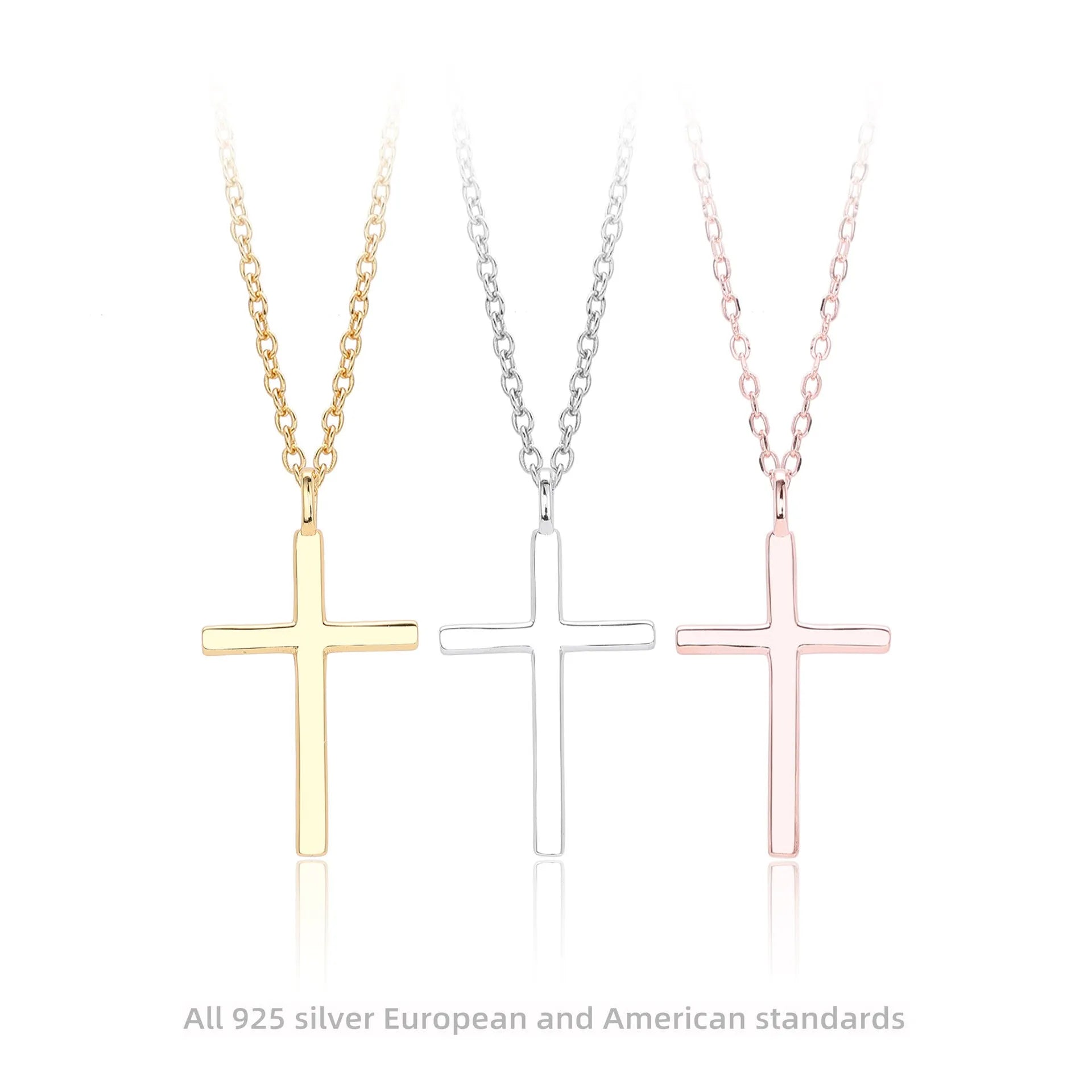 S925 sterling silver necklace with glossy cross pendant on adjustable O-shaped clavicle chain
