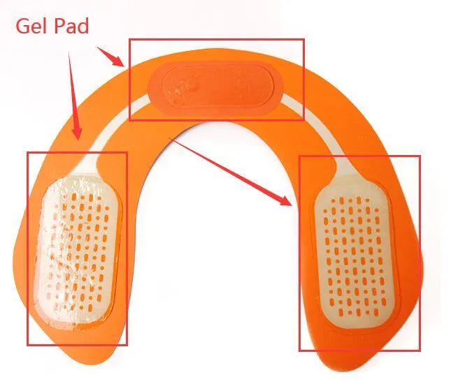 Compact black EMS muscle stimulator unit with conductive gel pads for abdominal and buttock toning