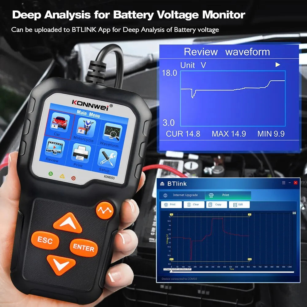 KONNWEI KW650 battery tester with LED indicators and display, testing a 12V car battery
