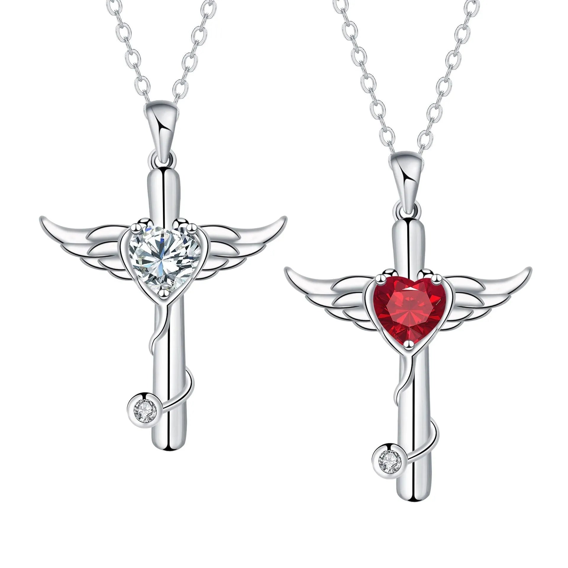 Close-up of a women's necklace with a cross, stethoscope, and wings pendant in electroplated copper.