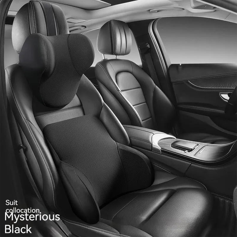 Memory foam and latex car lumbar support pillow and matching headrest with knitted fabric cover.