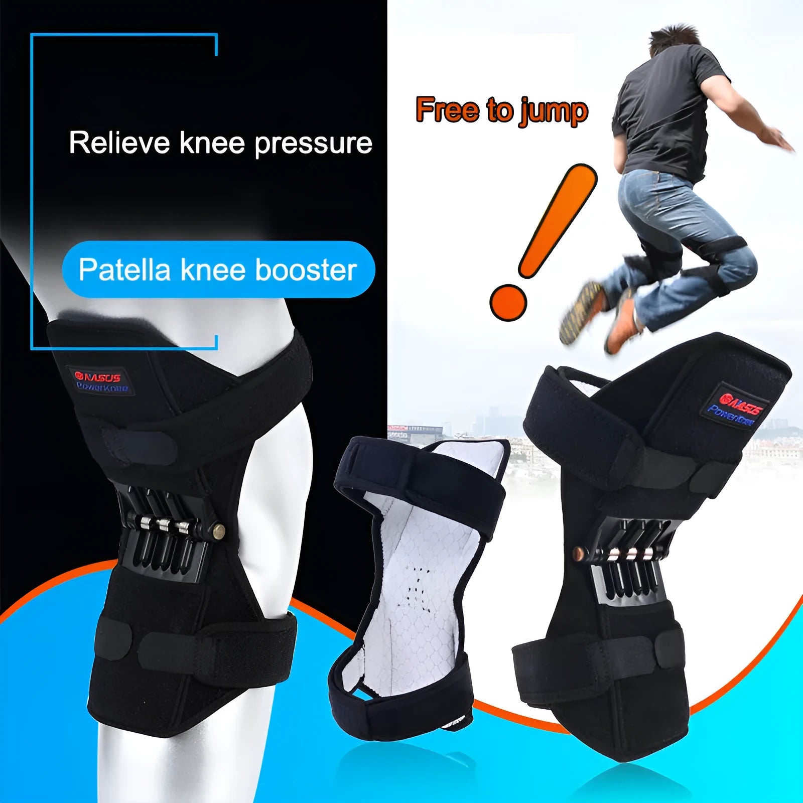 Adjustable spring knee brace support for mountaineering and sports, shown in black with breathable fabric.