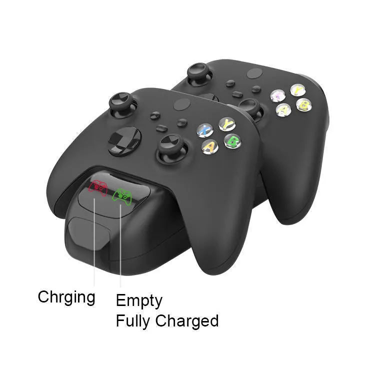 Black Xbox SX dual controller charging station with LED lights, two battery packs, and a Type-C cable.