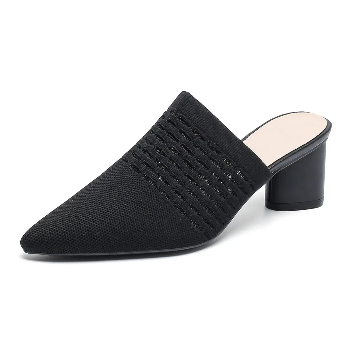 Women's black pointed toe sandals with decorative toe cap and 5cm chunky heel on a white background.