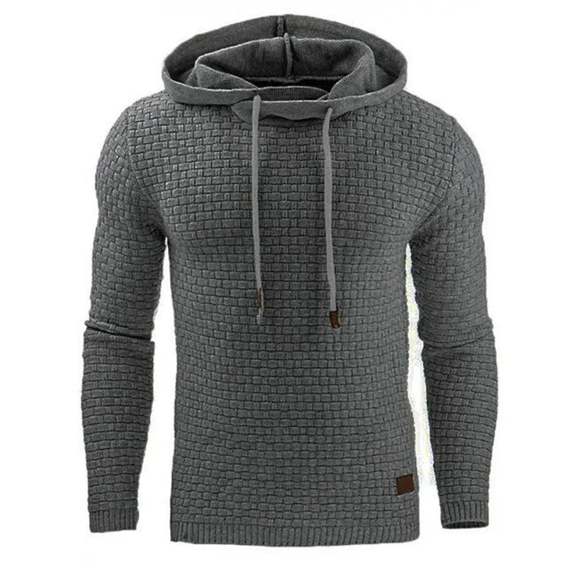 A men's hoodie sweater in a cotton and polyester blend, shown in one of nine available colours.