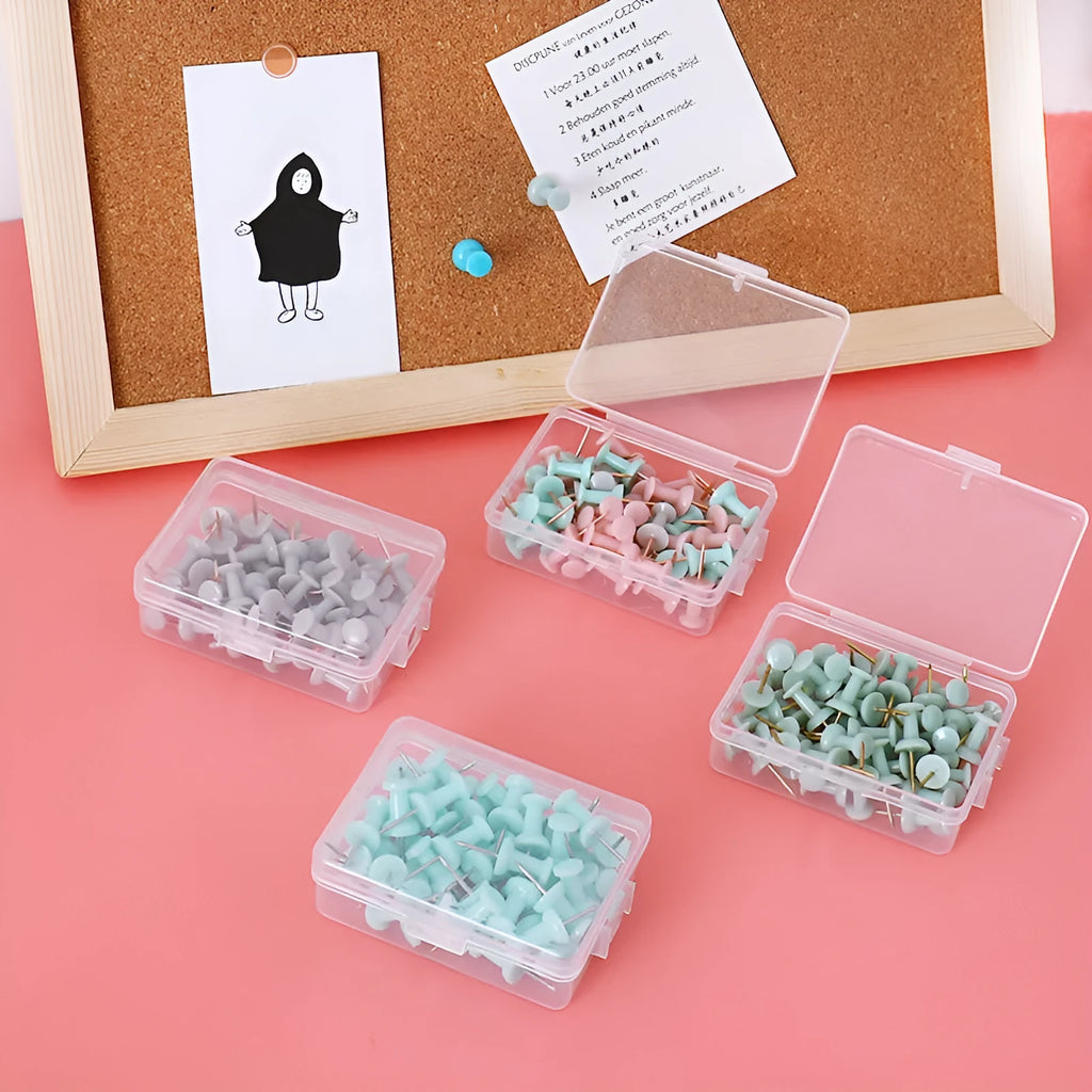Assortment of Morandi colour push pins including green, grey, and pink tones with different head shapes