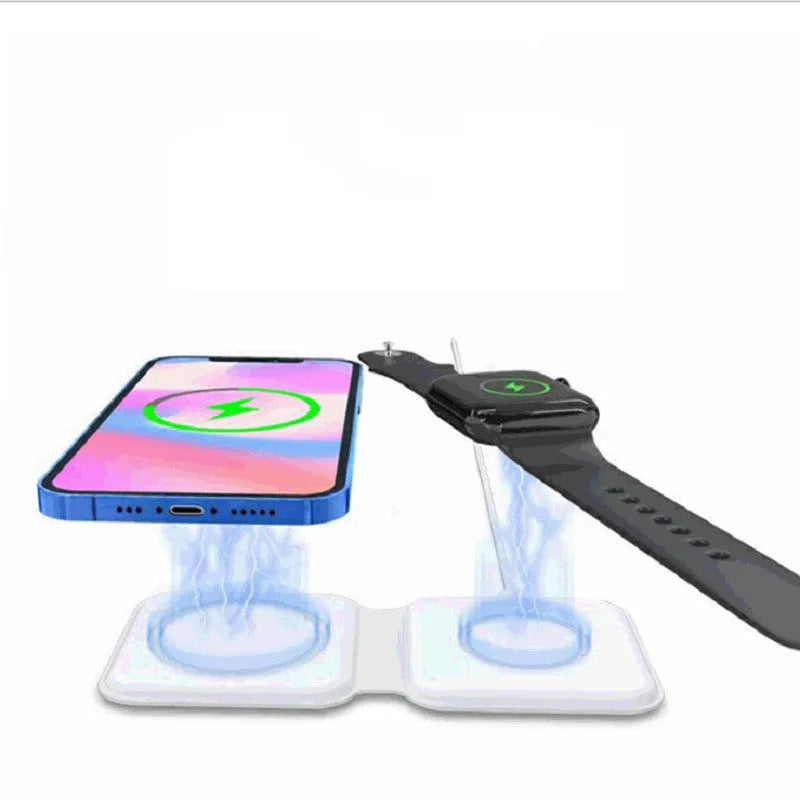 White foldable magnetic wireless charging dock showing dual-device support and adjustable angle.