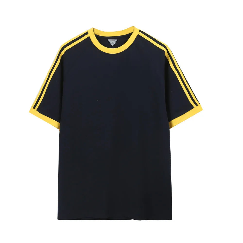Unisex ice silk cotton stripes five-point top in loose fit, available in multiple colours and sizes S to 2XL