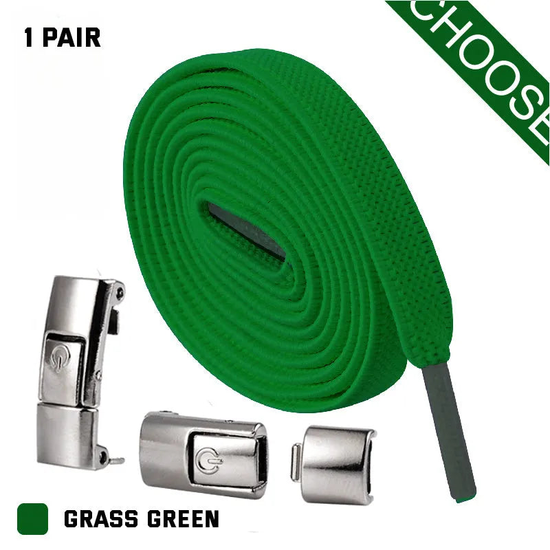 Set of press lock elastic no-tie shoelaces in 8mm widened flat design on a white background.
