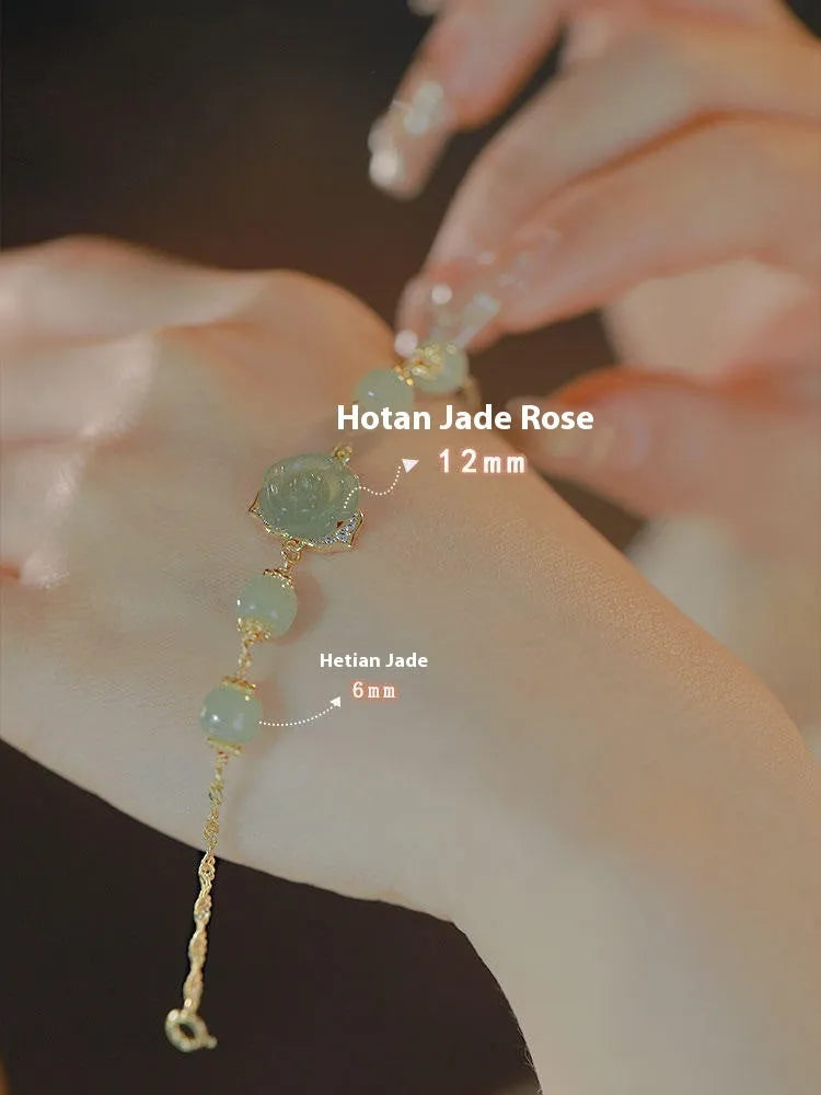 Original design Hetian Jade Rose colour jade bracelet with floral shape, rose motif, and 14K gilded accents for women.
