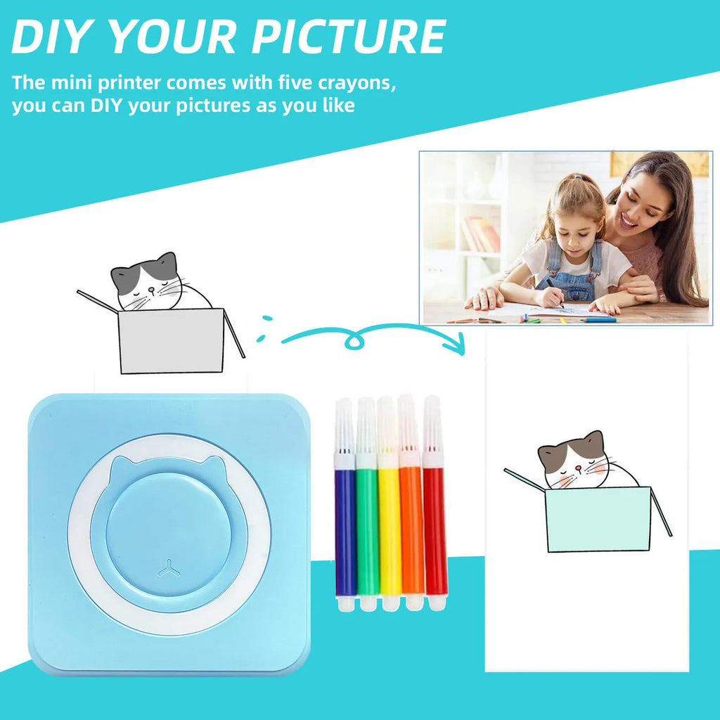 Pocket mini thermal printer in Macaron Blue with USB cable on white background