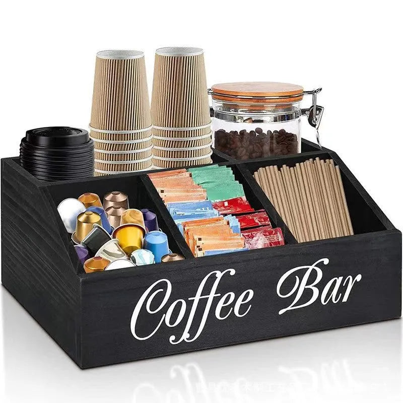 Wooden grid coffee pod storage box desktop organizer lidless compartments 30x19.5x12cm black colour