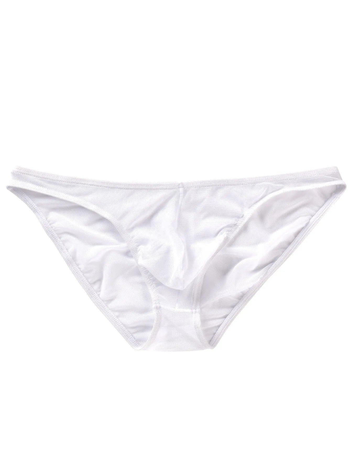 Men's black low-waist nylon briefs laid flat, showing triangle front design and knit fabric texture.